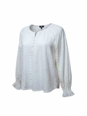 FRYE | Textured Boho Pirate Peasant Blouse Ivory Relaxed‎ V-Neck Coastal | XL